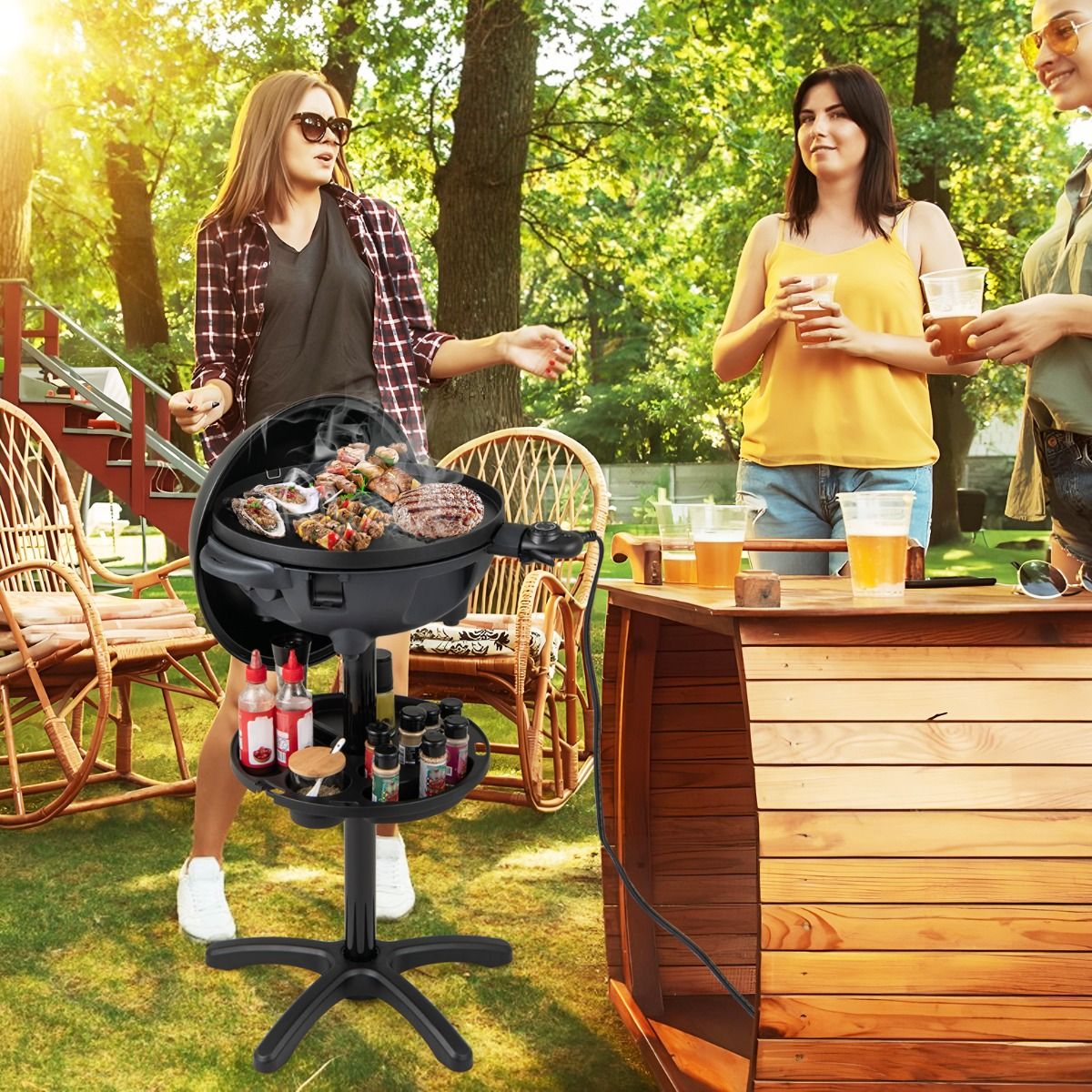 Coast Elektrische 2‑in‑1 barbecue & tafelgrill – Ø 40 cm zwarte grill met afneembare standaard (63 × 100 cm)