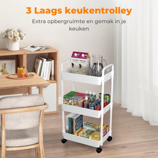 Posity Keukentrolley op wieltjes – Serveerwagen / Opbergtrolley / Keukenrek / Trolley Keuken – Verrijdbaar en Vast – 3 Lagen – Kunststof – Wit