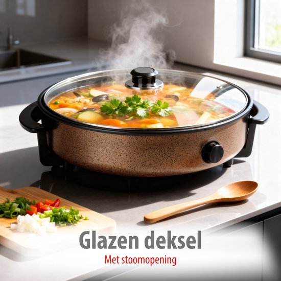 alpina Hapjespan - Partypan met Deksel en Thermostaat - Antiaanbaklaag voor Bakken en Warmhouden - 1500W Elektrisch Hapjespan met Glazen Deksel - Cooltouch Handvatten - Ø40cm