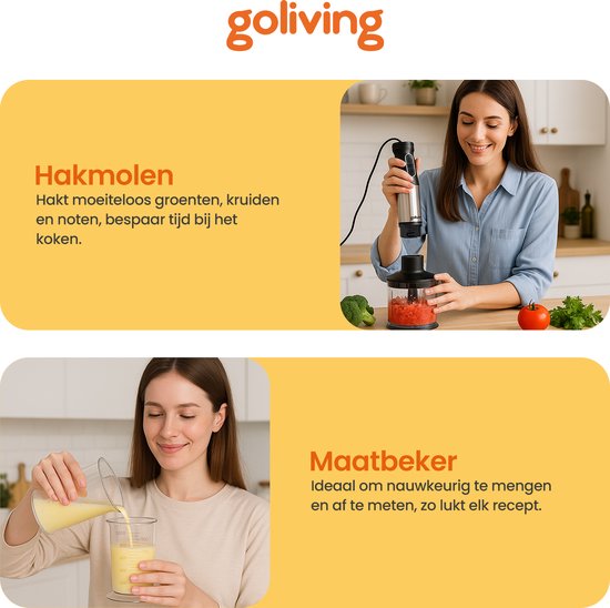 Goliving Staafmixer Set 5-in-1 - Hakmolen - Maatbeker - Garde - 1000W - Vaatwasserbestendige Accessoires - RVS - Zwart