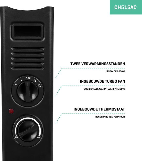 VONROC Elektrische kachel - Convectorkachel met ingebouwde radiator ventilator - 2 standen: 1250W/2000W - Regelbare thermostaat -  Verwarmt ruimtes tot 24m2 – Modern design - Zwart