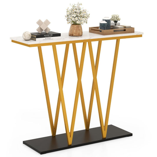 Coast Haltafel - 100 x 30 x 79 cm - Wit Goud - Moderne Consoletafel met Imitatiemarmer - Geometrisch Frame