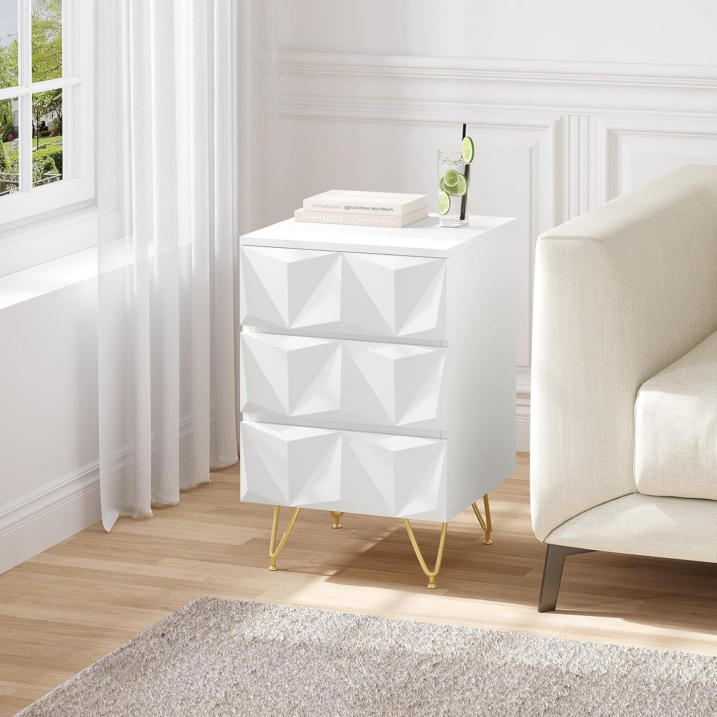 Eugad Nachtkastje met 3 Lades – 40x40x62,5 cm – Wit met Goud – Modern 3D Design