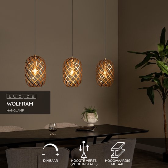 Lucide Wolfram Industriële Hanglamp – 3 Lichtpunten – Verstelbare Hoogte 40–155 cm – LED Geschikt – 110 × 25 × 150 cm – Mat Goud / Messing