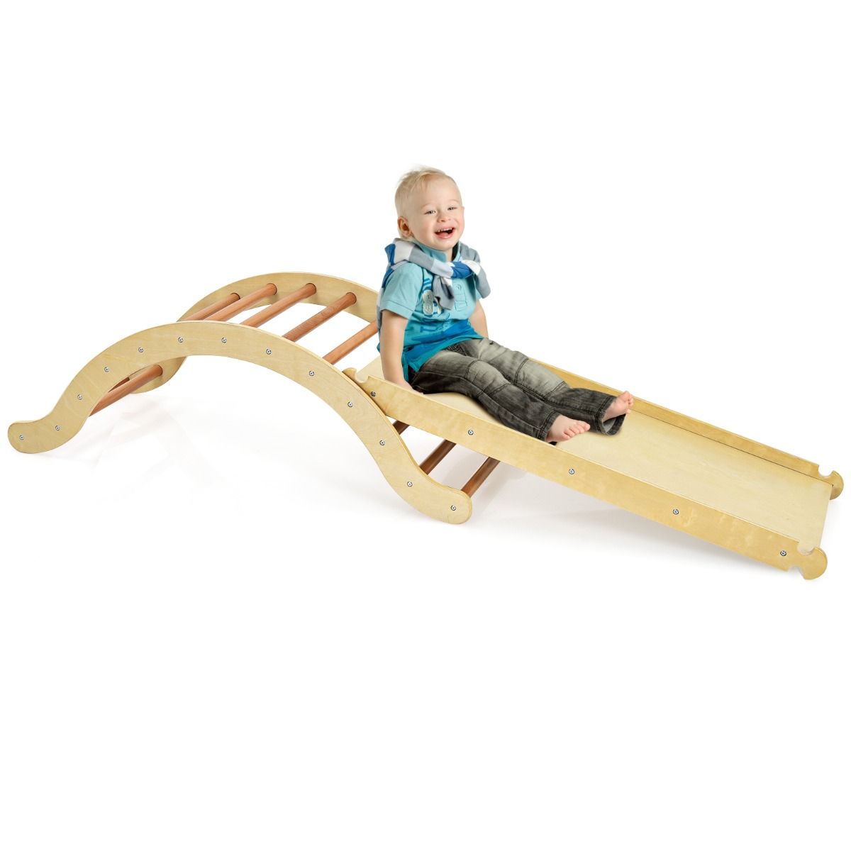 Coast 3-in-1 Klimladder Set voor Kinderen - Boog met Klimhelling en Schommelstoel - naturel + blauw
