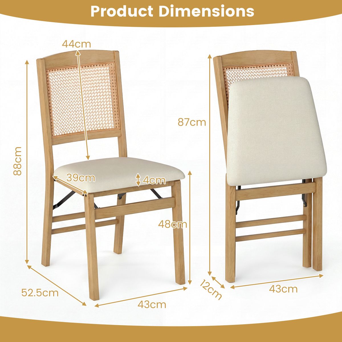 Coast Opvouwbare Eetkamerstoelen Set van 2 - Hout en PE-rotan - Linnen zitting - Naturel