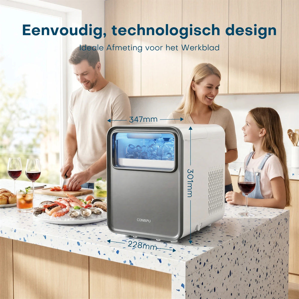 CONOPU IJsblokjesmachine – Zelfreinigend, 9 bolvormige ijsblokjes in 6–8 min, 2 ijsformaten, 12 kg/dag, 1,5 L, Stil & Compact – 35×23×30 cm, IJsblaauw