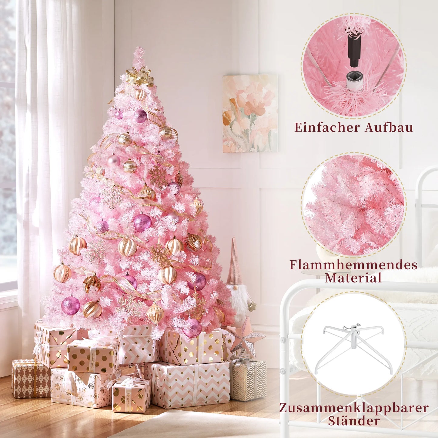 Yaheetech Kunstkerstboom Roze – 110 x 110 x 183 cm – Voorzien Van 598 Takpunten En Inklapbare Metalen Voet En Beschermende Gummikappen – Voor Woonkamer En Feestdagen – Roze PVC En Metaal