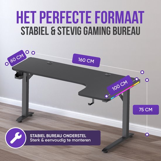 Avalo Gaming Bureau - 160x100x75 CM - L Vormig Hoekbureau - Game Desk Met LED Verlichting - Tafel - Zwart - Hoek Rechts