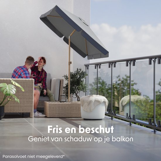 LifeGoods Parasol - Tuin - Balkonparasol - 200x125cm - 30° Kantelbaar - Waterdicht - UPF50+ - Houtkleurige coating - Donkergrijs