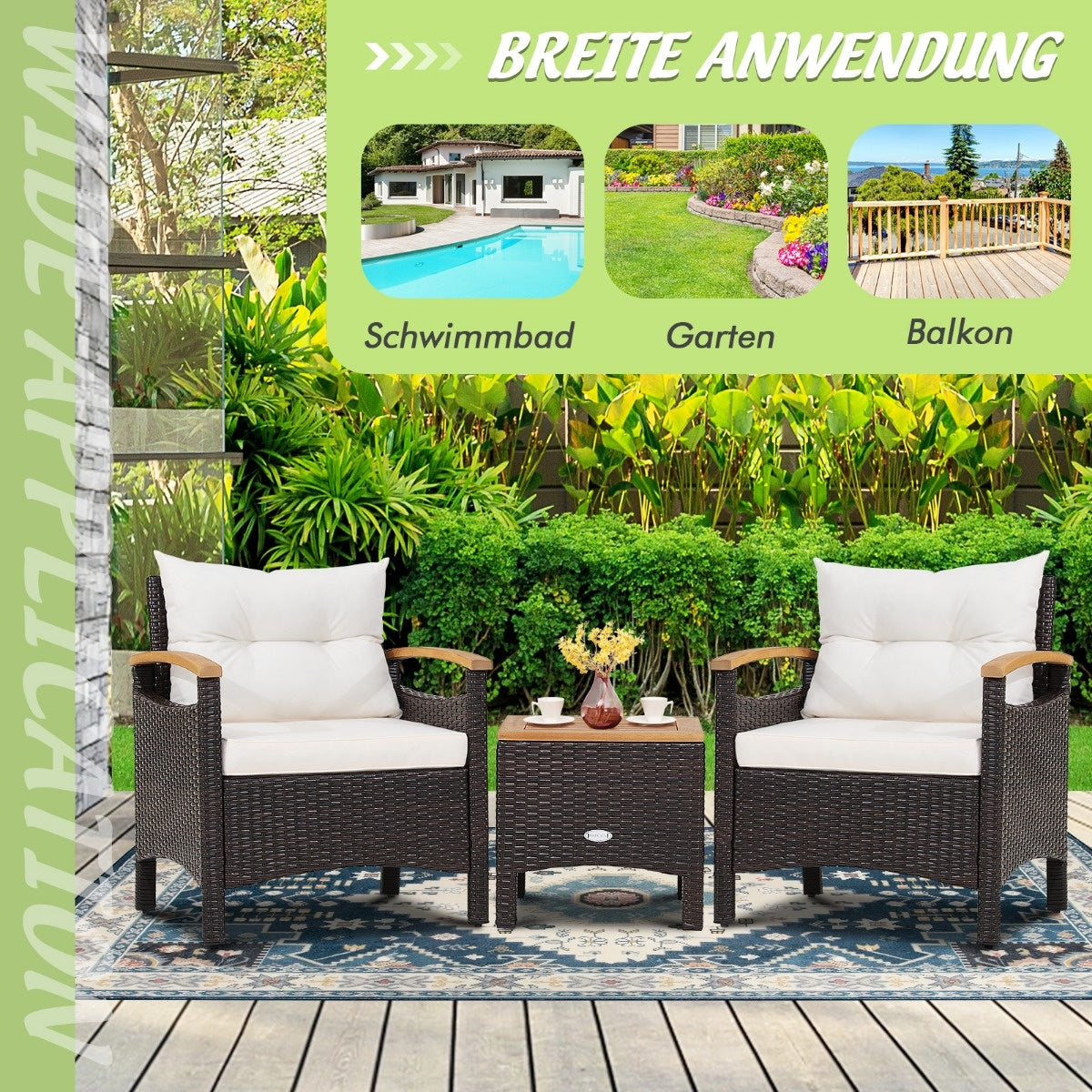 Coast Rieten Tuinset 2 Stoelen en Bijzettafel 5-delig - Zwart + Crème/Wit