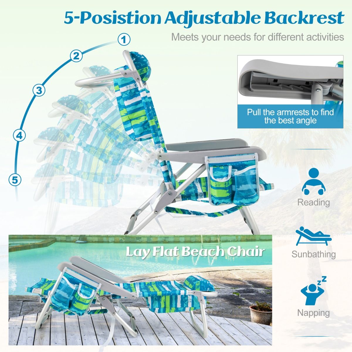 Coast Strandstoel met Verstelbare rugleuning - 1 Stuk - Max. 150 kg - 66 x 65 x 75 cm - Groen