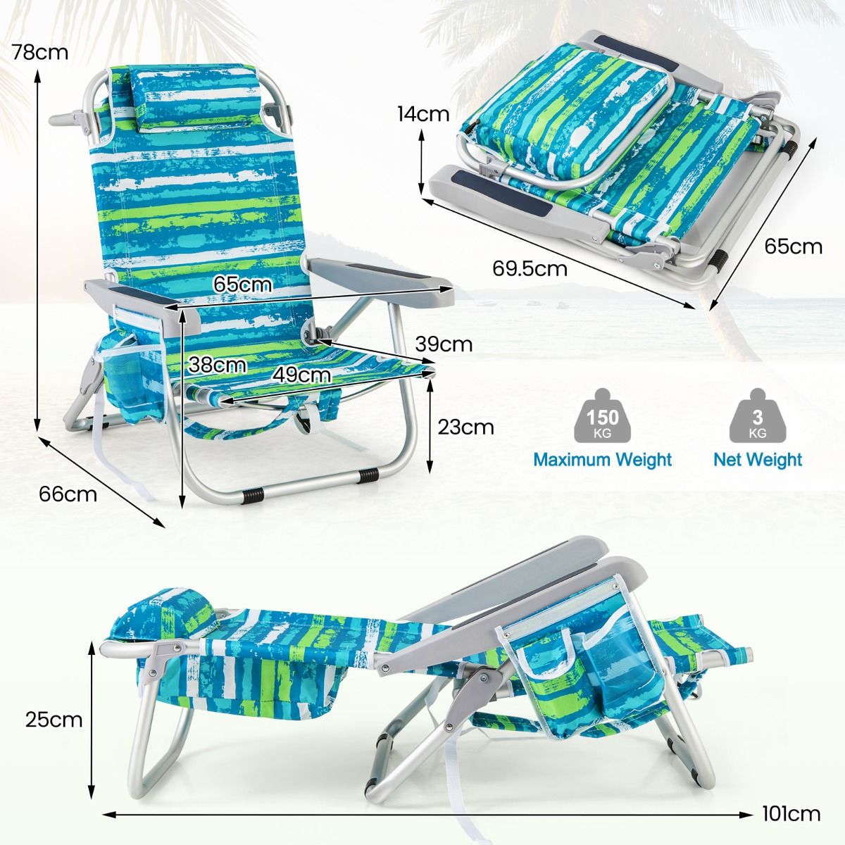 Coast Strandstoel met Verstelbare rugleuning - 1 Stuk - Max. 150 kg - 66 x 65 x 75 cm - Groen