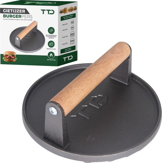 TTD® Hamburgerpers Gietijzer XL - Hamburgermaker Extra Zwaar - Hittebestendig - Strakke Grillgroeven - BBQ Accesoires - Barbecue Accessoires - Smash Burger - BBQ Gereedschap