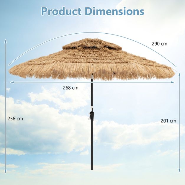 Coast Hawaiiaanse Parasol - Ø 270 cm, 32 LED-lampjes, 35° Kantelbaar - 270 x 256 cm - PP/Polyester/Metaal - Natuurlijk