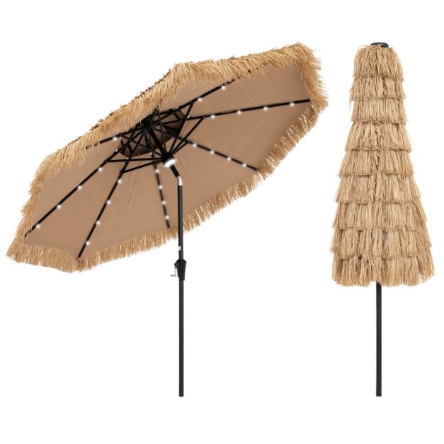 Coast Hawaiiaanse Parasol - Ø 270 cm, 32 LED-lampjes, 35° Kantelbaar - 270 x 256 cm - PP/Polyester/Metaal - Natuurlijk
