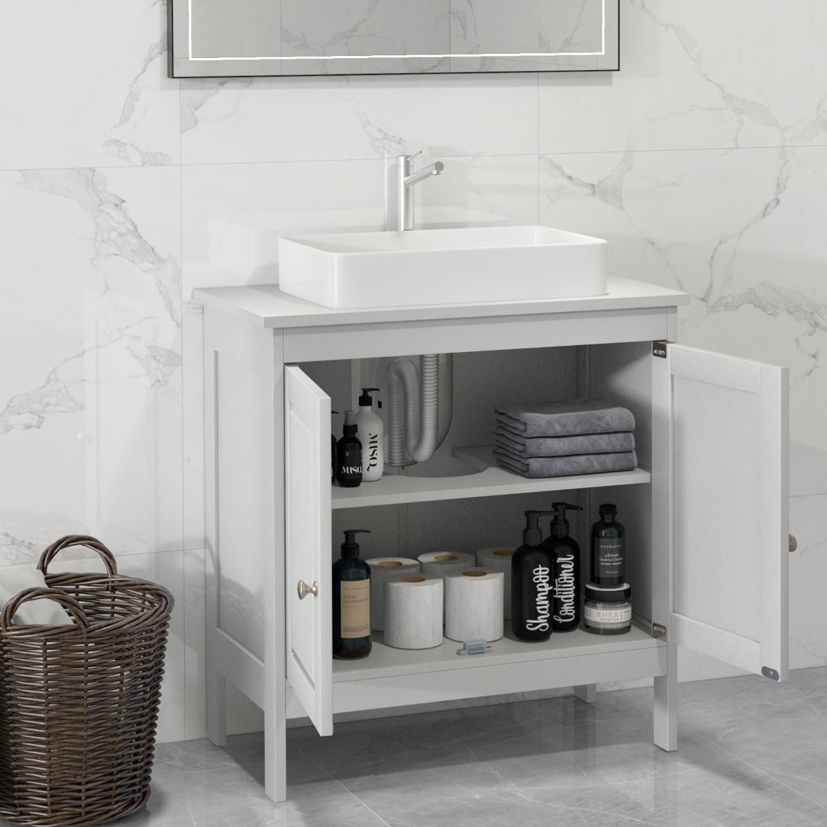 Coast Onderkast Wastafel - 60x30x62 cm - Wit – Badkamerkast met 2 Deuren en Verstelbare Plank