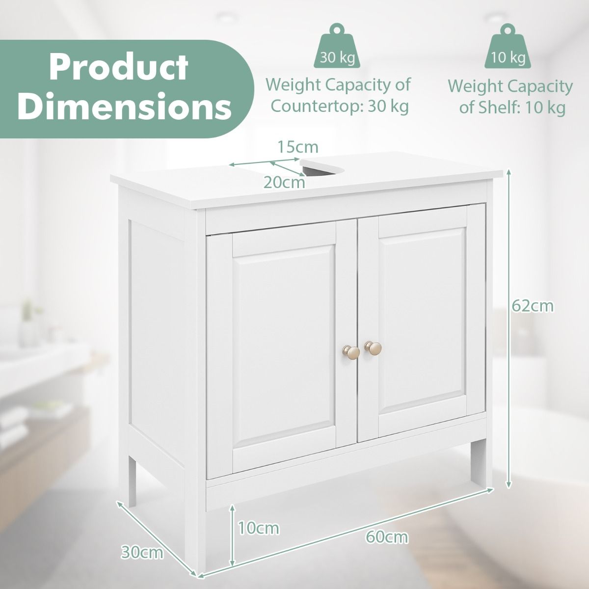 Coast Onderkast Wastafel - 60x30x62 cm - Wit – Badkamerkast met 2 Deuren en Verstelbare Plank