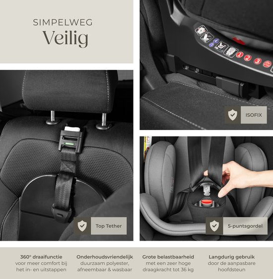 tectake® Draaibare Autostoel - Kinderstoel - i-Size goedkeuring - Isofix autostoel - Zitverhoger - Kinderzitje auto - Autostoeltje - 5-punts-gordel - Vanaf geboorte tot 150cm/36kg