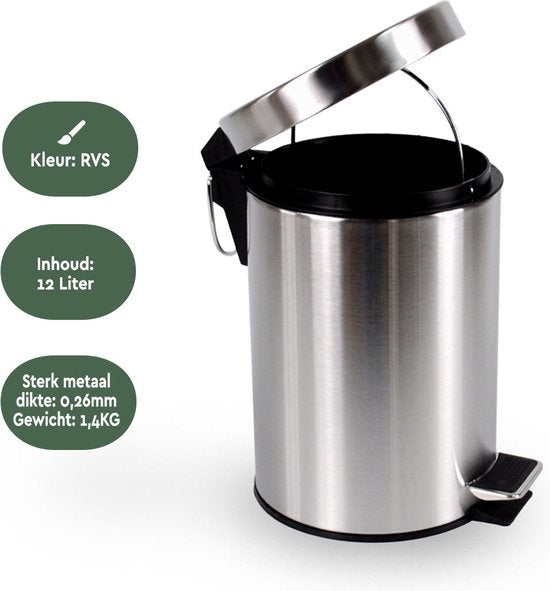 BRASQ Pedaalemmer 12 Liter - RVS - PB112 - Prullenbak met uitneembare Pedaalemmer - Prullenbak - Vuilnisbak - Vuilbak - Afvalbak - Badkamer of toilet
