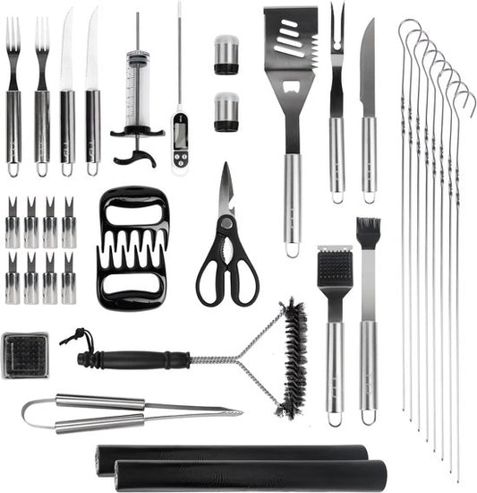 TTD® Premium BBQ Accessoires Set 40-delig - BBQ Gereedschapset RVS - Barbecue Accessoires - BBQ Tang - BBQ Spatel - Inclusief BBQ Thermometer en Schoonmaak Borstel - Inclusief Opbergtas