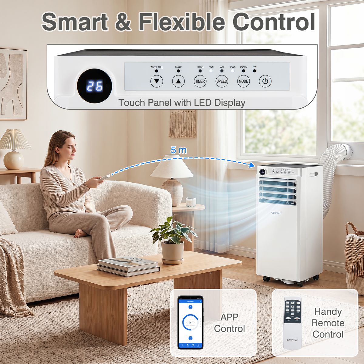 Coast Mobiele Airconditioner - 4-in-1 luchtkoeler met ontvochtiger en ventilator - slaapstand - wit en zwart - 30 x 29 x 69 cm