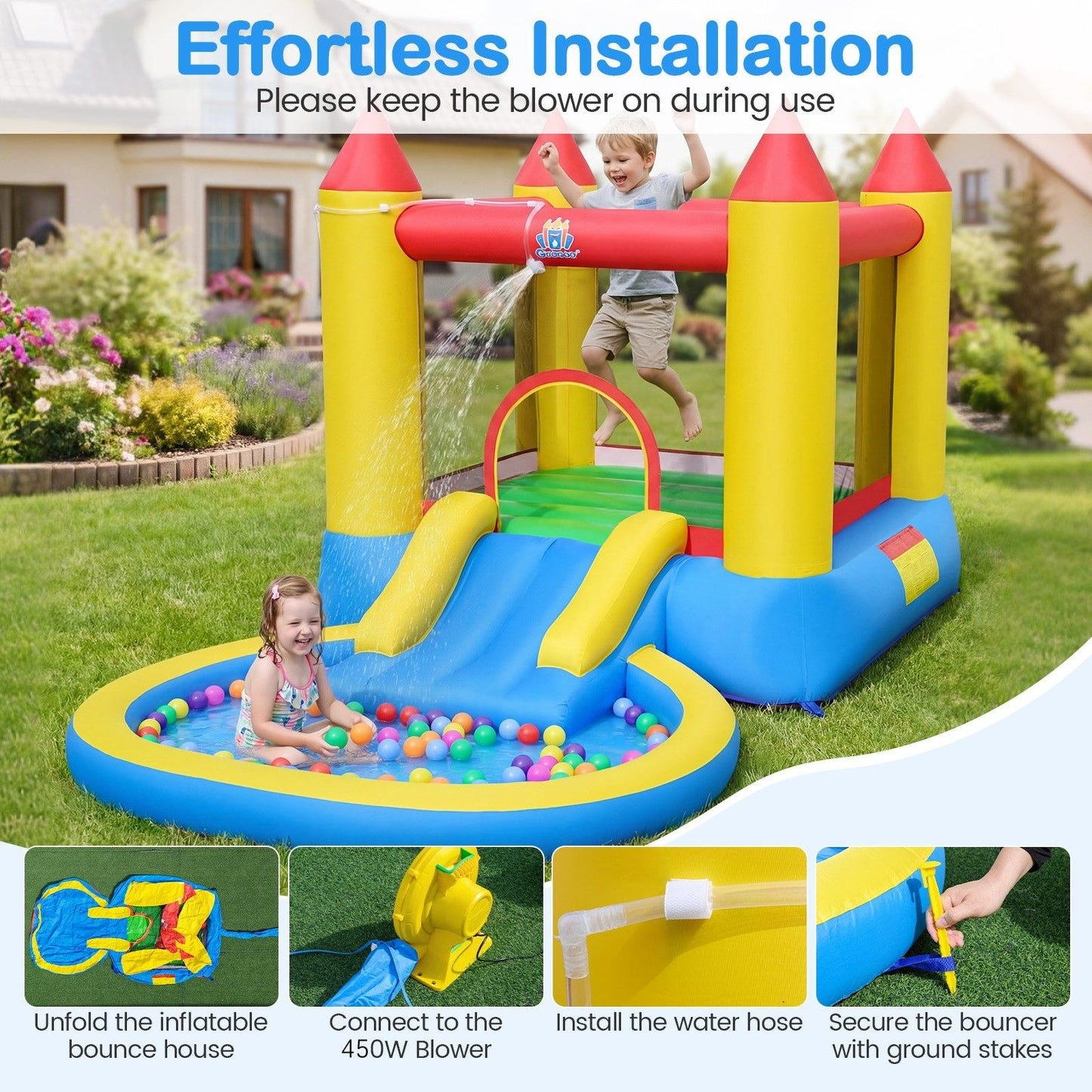 Coast 3-in-1 Opblaasbaar Springkasteel met Glijbaan en Ballenbad - 362 x 196,5 x 193 cm - Meerkleurig