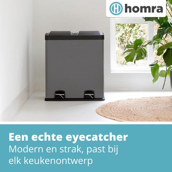 Homra NEVIQ Pedaalemmer 60 Liter - Grijze Prullenbak Afvalscheiding met 2 vakken - 2x30 L - 2-vaks Afvalemmer 60 Liter - Pedaal Vuilbak - Hygiënisch Afval scheiden - Grijze Duo Prullenbak - Dubbele Vuilnisbak