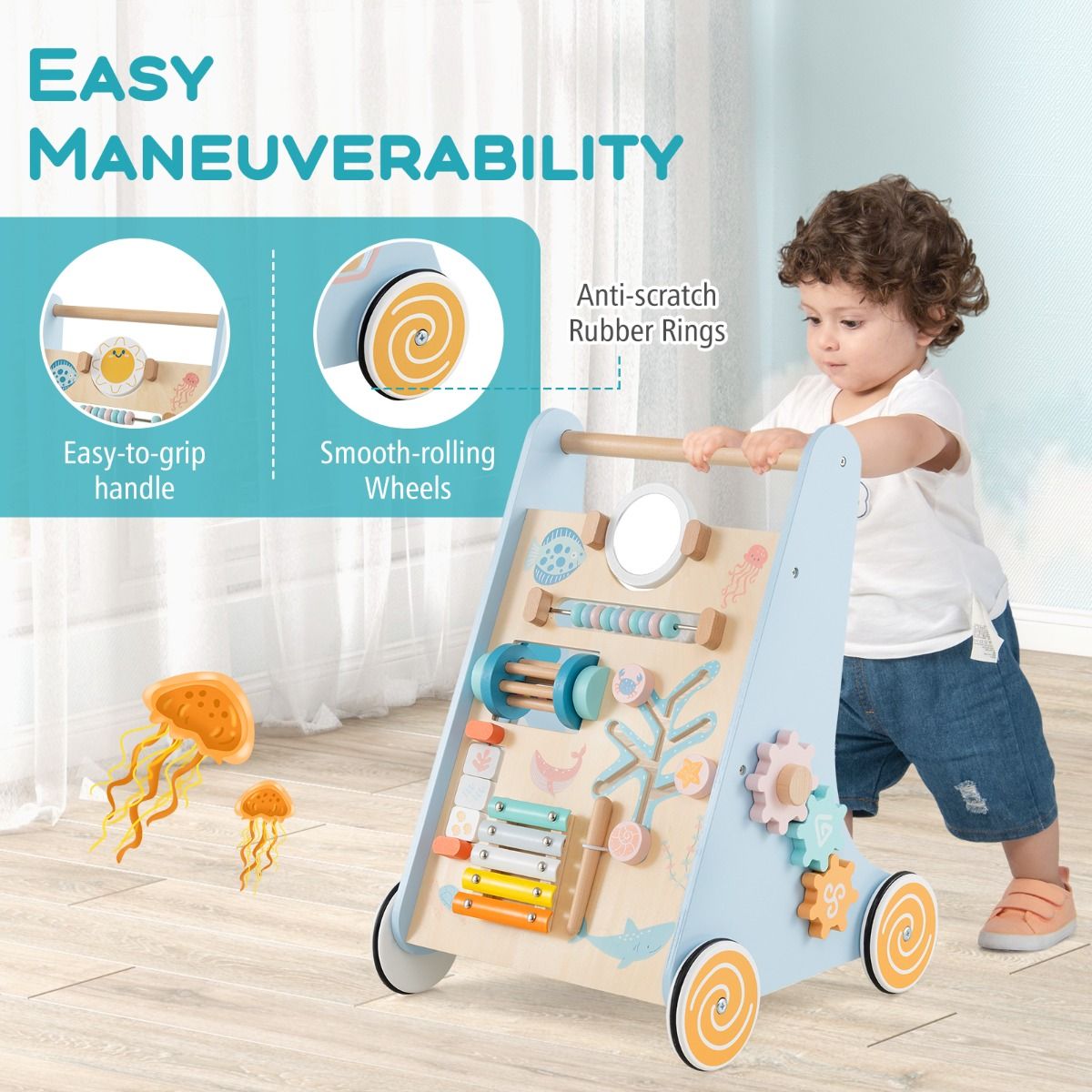 Coast Houten Baby Rollator Montessori Activiteitencentrum op Wielen – 8-in-1 Duw & Trek Speelgoed – Blauw – 35 x 33 x 48 cm
