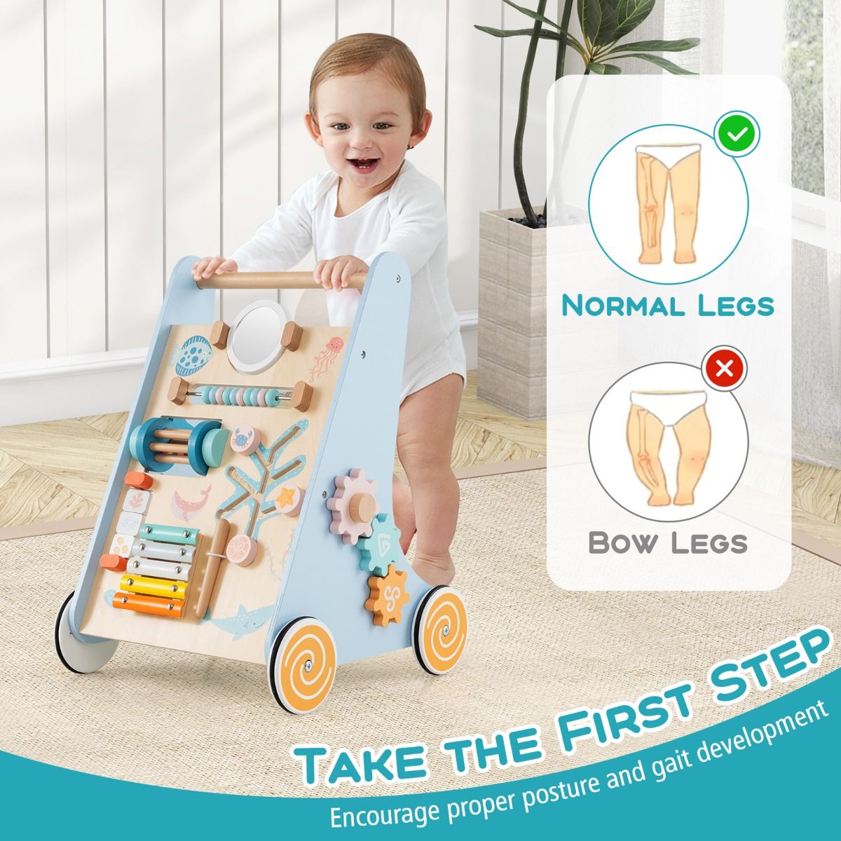 Coast Houten Baby Rollator Montessori Activiteitencentrum op Wielen – 8-in-1 Duw & Trek Speelgoed – Blauw – 35 x 33 x 48 cm