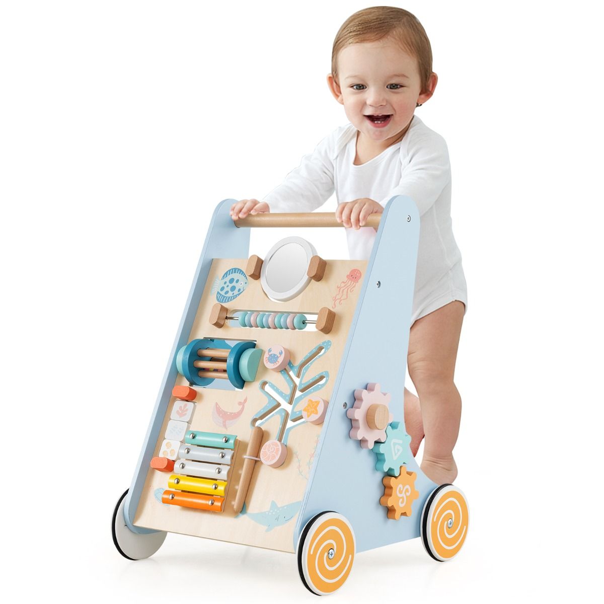 Coast Houten Baby Rollator Montessori Activiteitencentrum op Wielen – 8-in-1 Duw & Trek Speelgoed – Blauw – 35 x 33 x 48 cm