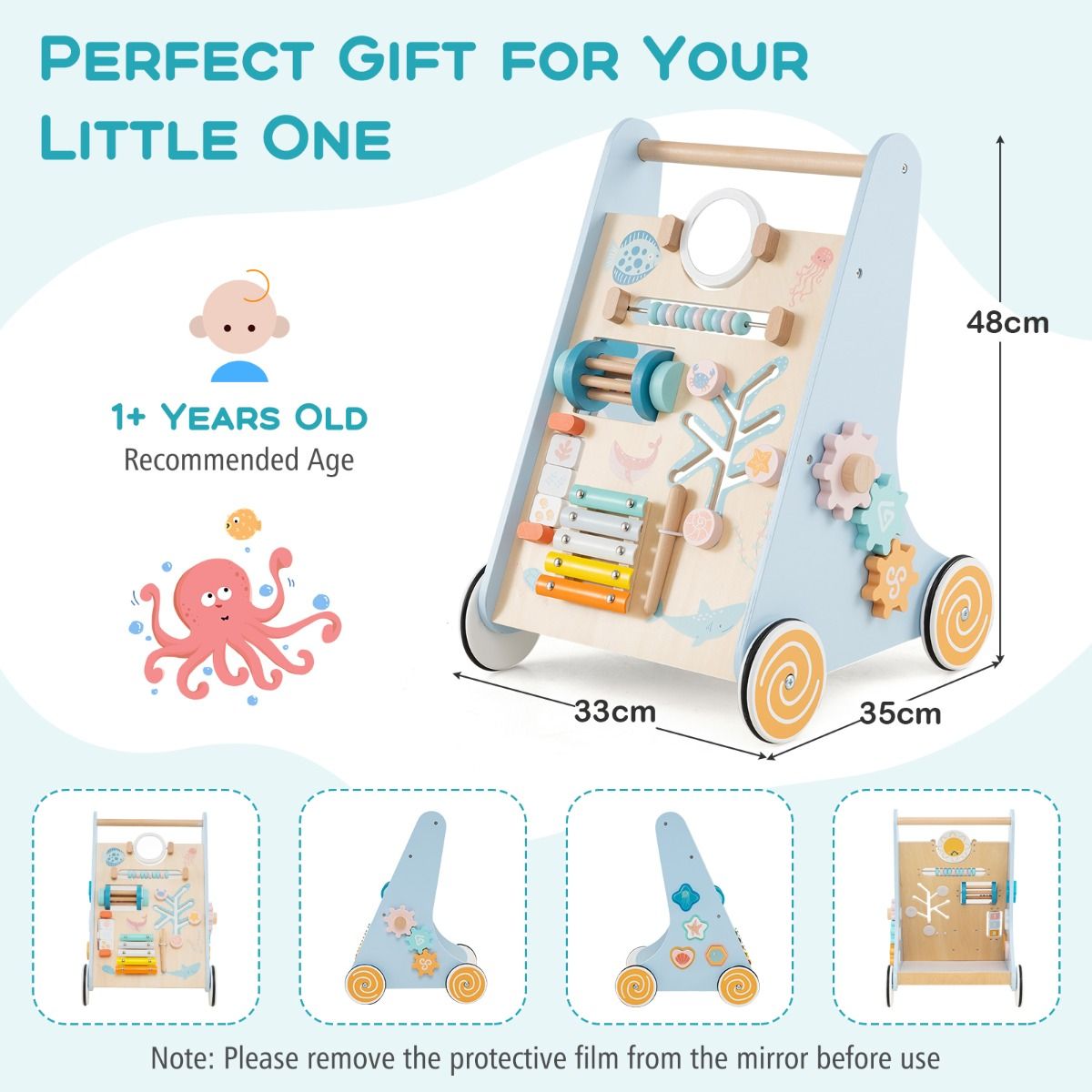Coast Houten Baby Rollator Montessori Activiteitencentrum op Wielen – 8-in-1 Duw & Trek Speelgoed – Blauw – 35 x 33 x 48 cm