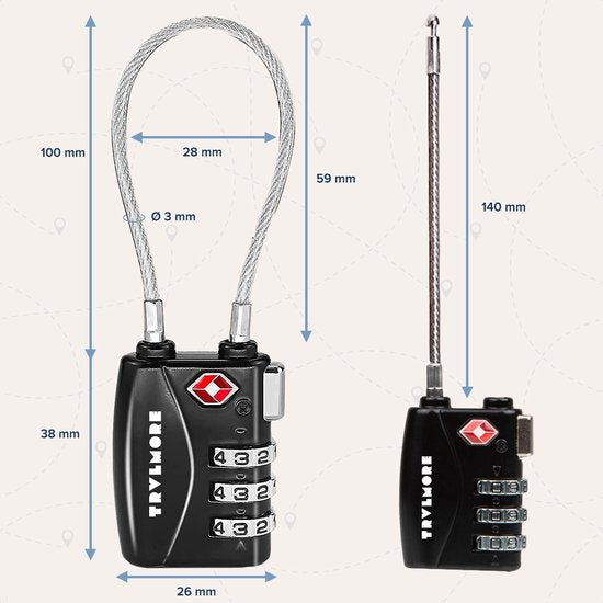 TRVLMORE Kofferslot - TSA Reisslot - 3 Cijferig Hangslot - 14 cm Kabel - 2 Stuks - Cijferslot - Zwart
