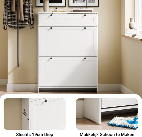 SoBuy – Schoenenkast Met 1 Lade – 80 x 19 x 107 cm & Met 2 Kanteldeuren – Voorzien Van Anti-tip Systeem En Silicone Voetjes – Voor Smalle Gangen En Entrees – Wit Mdf