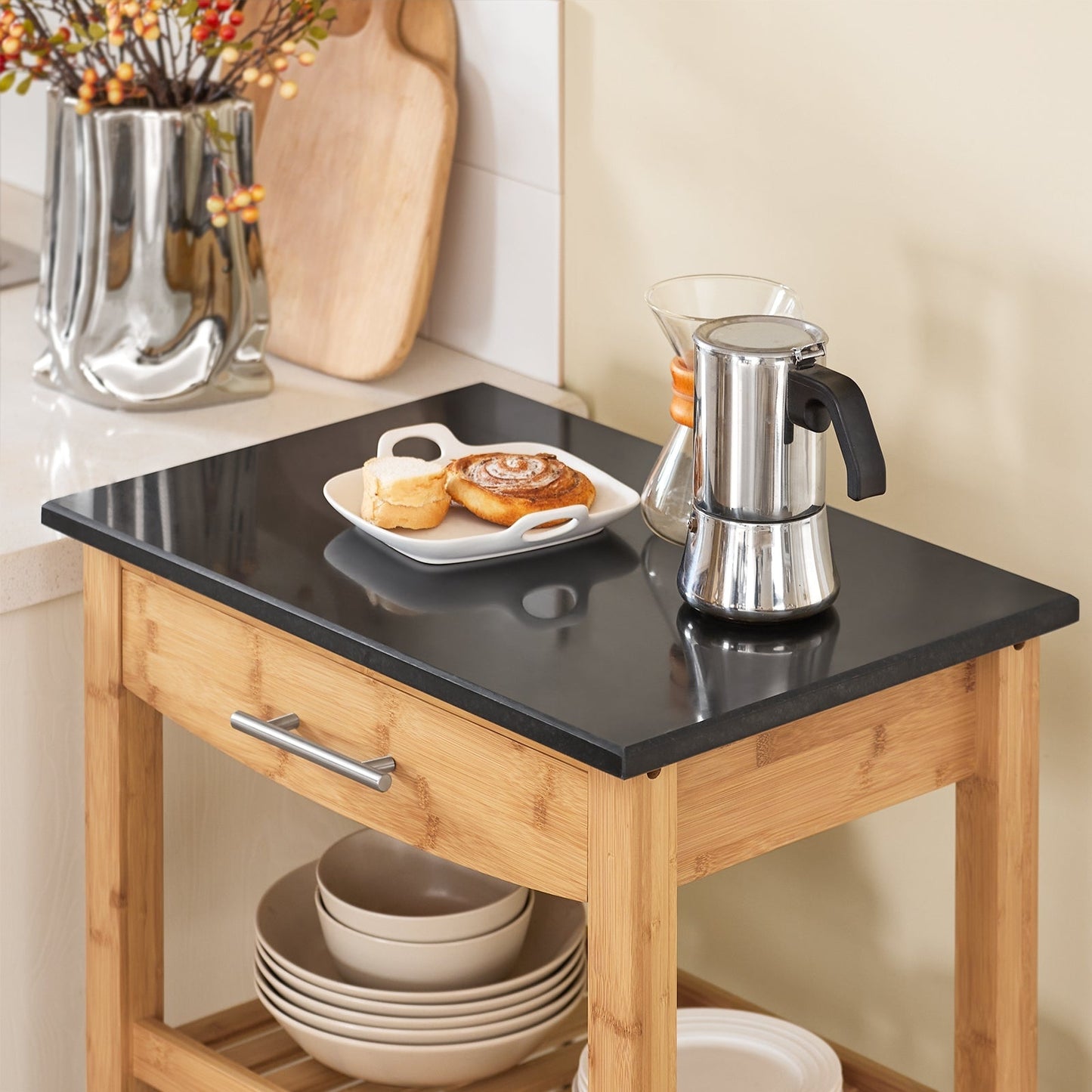 SoBuy Keukenwagen met 1 lade en 2 opbergplanken - Max. 50KG - 58 x 85 x 40 cm - Houtkleur