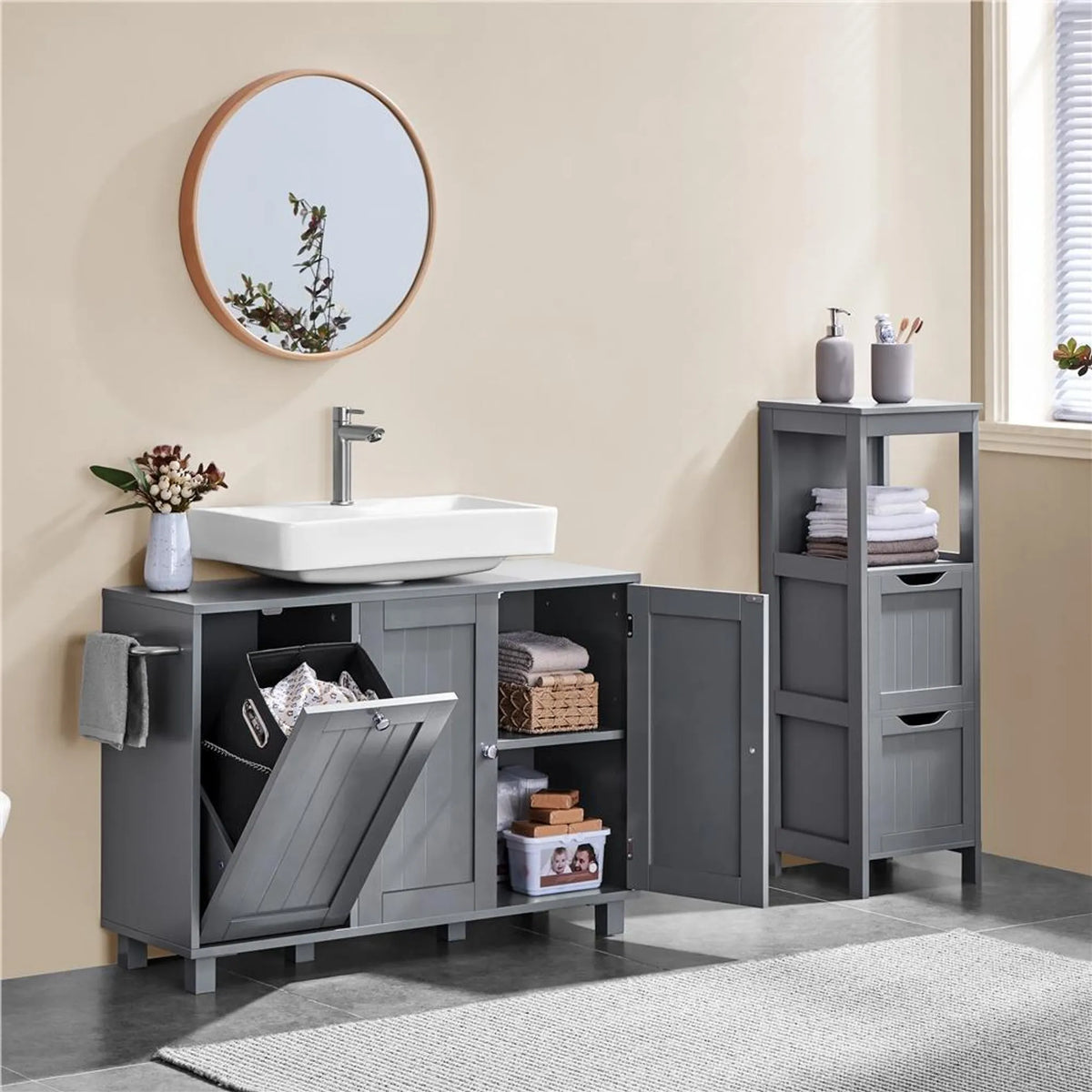 Yaheetech Wastafelonderkast met U-uitsparing en Wasmand 90x30x62,5 cm – Donkergrijs – MDF en Metaal