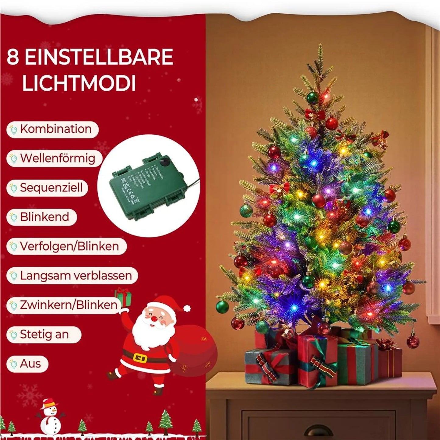 Yaheetech Kunstkerstboom Inclusief 50 Gekleurde Led-verlichting – Voorzien Van 143 Takpunten En 8 Lichtmodi En Cementen Basis – Voor Vensterbank En Tafel – Groen Pvc En Beton – 58 x 58 x 91,5 cm