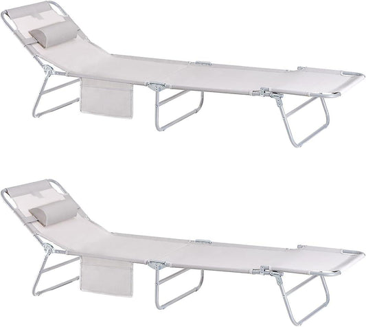 SoBuy - Set van 2 Verstelbare Buiten Zonnebanken voor Camping en Tuin - Beige