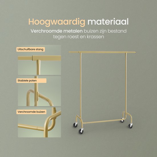 O'DADDY® Kledingrek - Kledingrek op Wieltjes - Kledingrek metaal - Kleding rek - Kledingrekken - Garderoberek - Kledingstang - Kledingrek goud - Uitschuifbare Kledingstang - Verstelbare Hangstang - Stabiel tot 130 kg - Goud