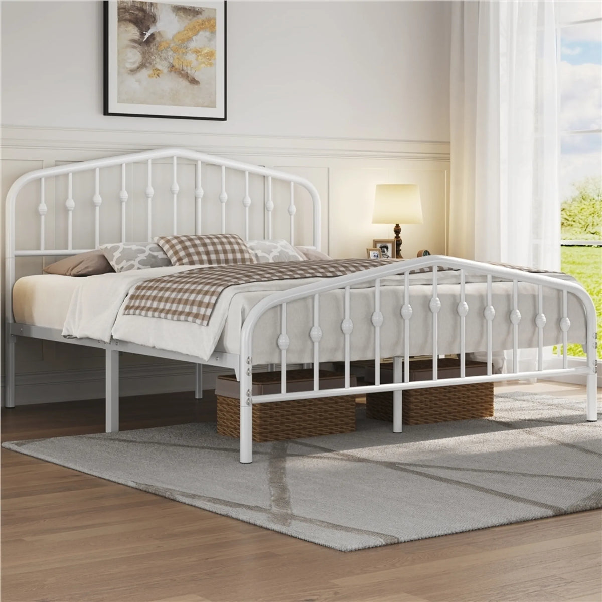 Yaheetech Klassiek Metalen Bed met Hoog Hoofdbord 160x200 cm – Wit – Metaal