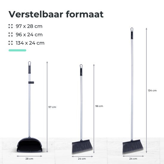 CLEANLY Stoffer en Blik met lange Steel 134 cm - Bezem voor Binnen en Buiten - Innovatieve Borstelvezels - Zwart, Grijs