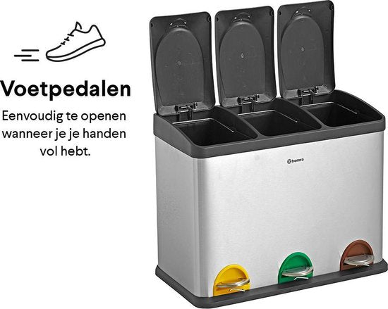 Homra Stephs Prullenbak Afvalscheiding 45 Liter - RVS Prullenbak 3 vakken - Trio Prullenbak 3 X 15 Liter - Pedaalemmer - Vuilnisbak voor huishouden en kantoor - Recycle Vuilbak keuken Afvalemmer - Afvalscheidingsprullenbakken