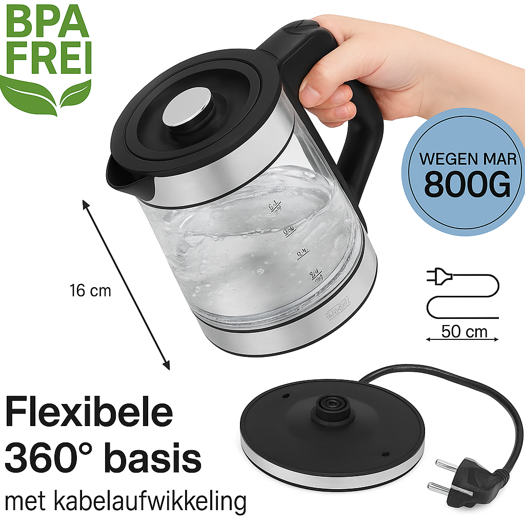 LEBENLANG - Glazen waterkoker - Klein - 1,2 liter - Ledverlichting - Roestvrij stalen design - BPA-vrije waterkoker - Stille en kleine reiswaterkoker voor camping