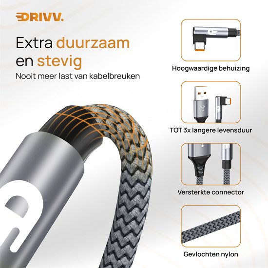 Drivv. USB naar USB C Kabel - Haaks - USB C Data en oplaadkabel - Fast Charge / Snellader - 1 Meter - Grijs