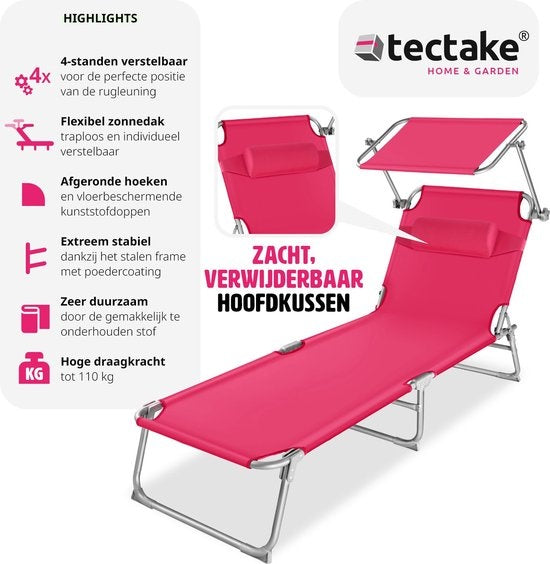 tectake® - ligstoel, robuust, verstelbaar, stalen onderstel met zonnescherm, 4-standen rugleuning inclusief hoofdkussen, strandstoel Ideaal voor tuin, zwembad, camping– pink - 68 x 190 x 28 cm