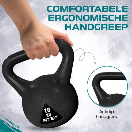 Fitby Kettlebell 16KG - Kettlebell - Fitness - Gewichten - Geschikt voor CrossFit & Fitness - Conditietraining - Zwart