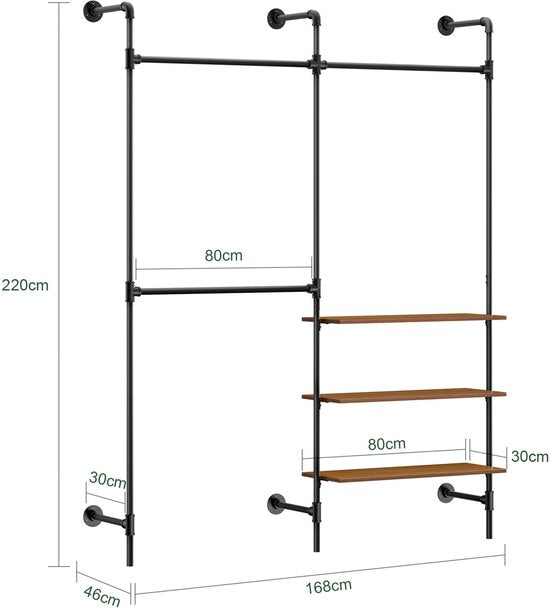 SoBuy industrieel kledingrek met 3 stangen en 3 MDF-planken, robuuste open kledingkast, industrieel zwart KLS18-SCH