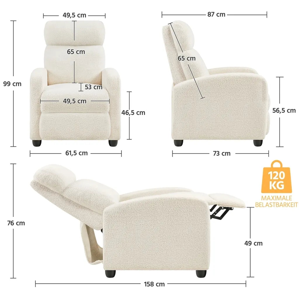Yaheetech Relaxfauteuil - Verstelbare Rugleuning - Voetsteun - Bouclé - Crème