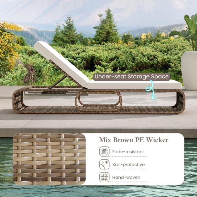 Coast Ligstoel - Rattan - Verstelbaar - Opbergruimte - Kussen - 185 x 65 x 26-86 cm - Gemengd Bruin