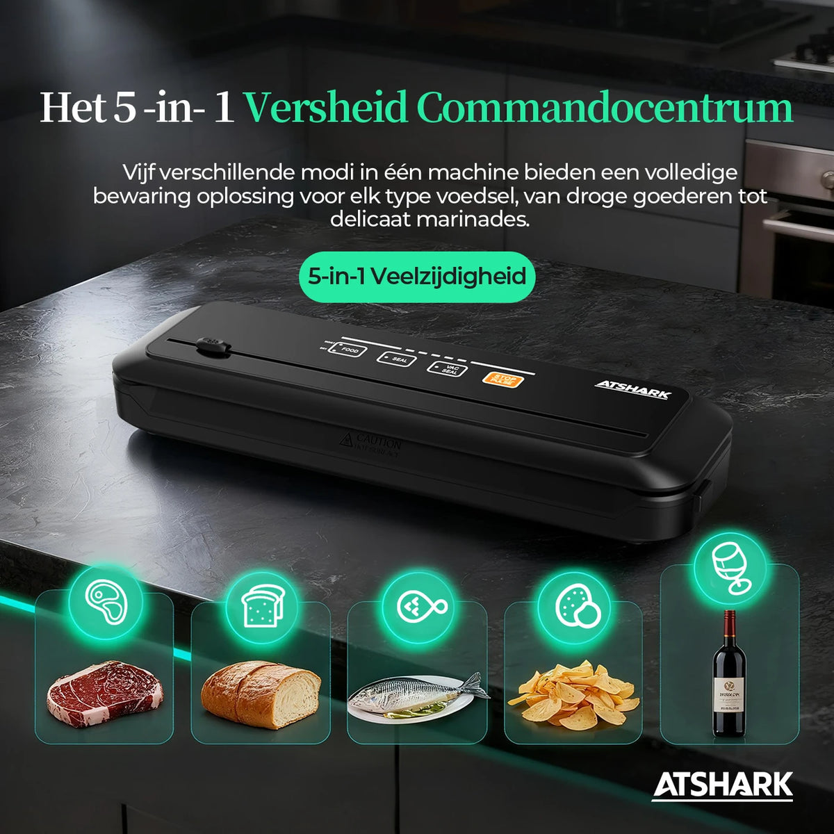 Atshark Vacuümsealer VS6621 - 5-in-1 - Touchscreen - 50 Zakken - Zwart